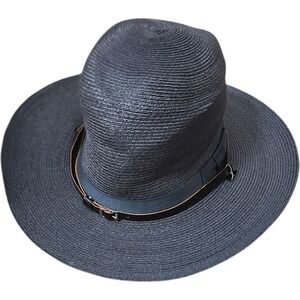 Stratton Self Forming USA Navy Blue Straw Wide Brim Hat Size 7 Leather Strap